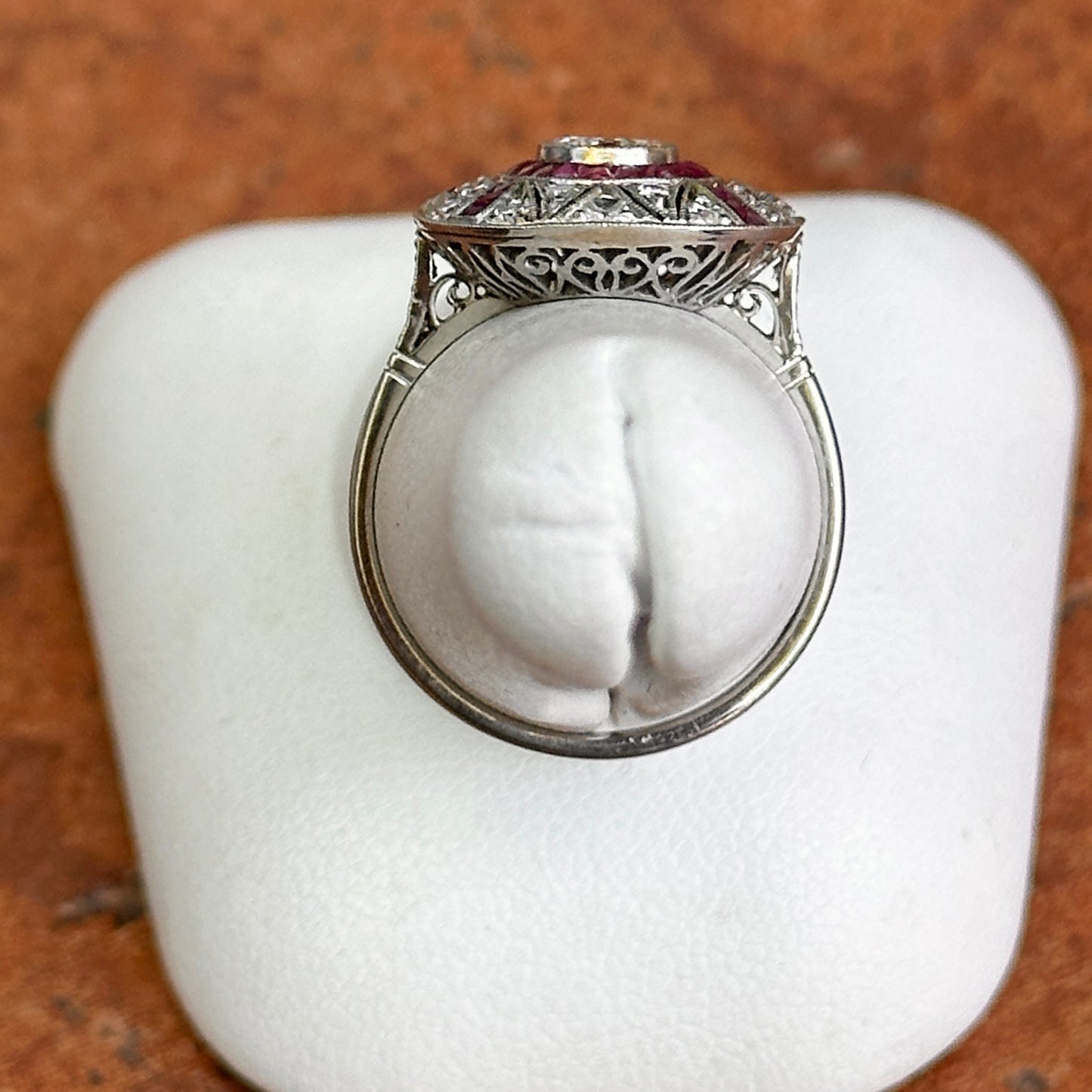 Platinum Art Deco Round Diamond + Square Ruby Ring