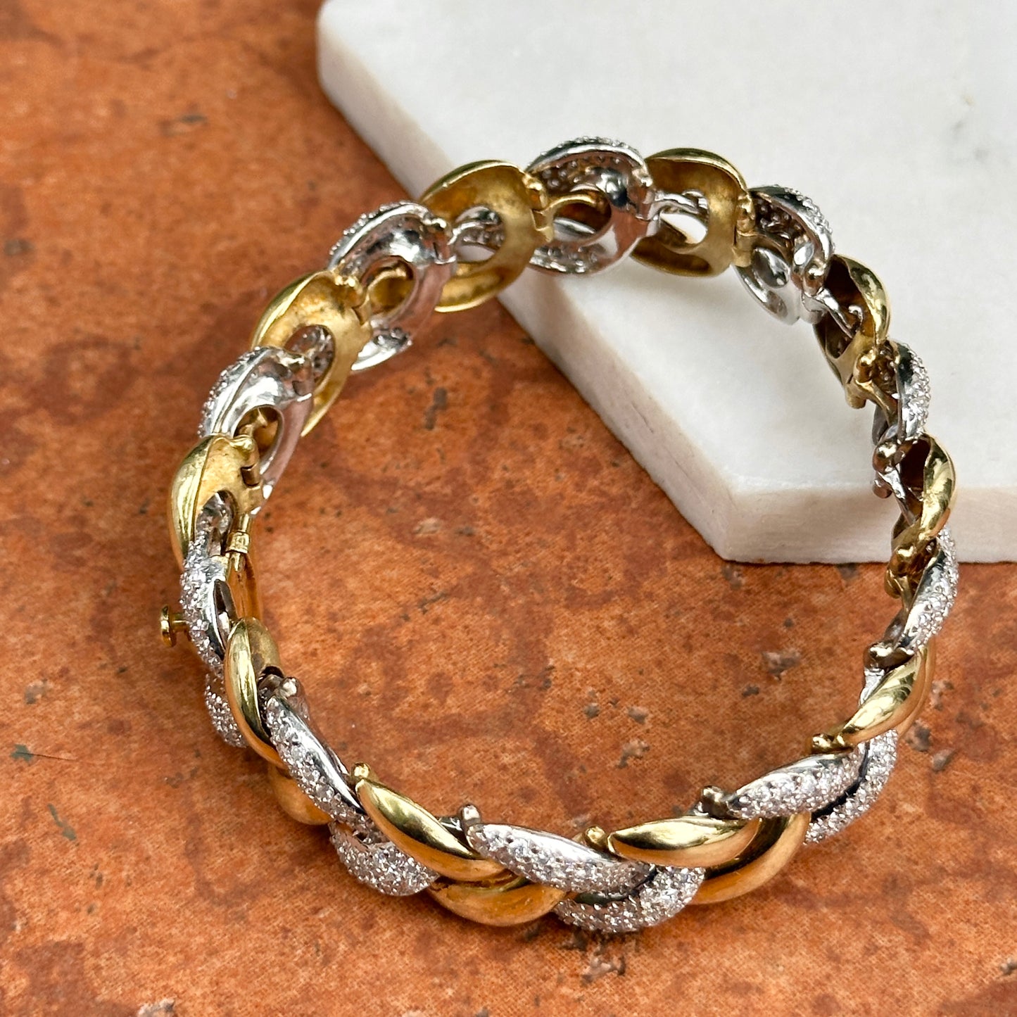 Estate 18KT Yellow + White Gold Round Diamond Large Link Tennis Bracelet