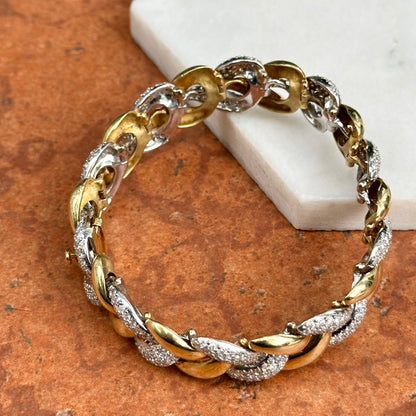 Estate 18KT Yellow + White Gold Round Diamond Large Link Tennis Bracelet