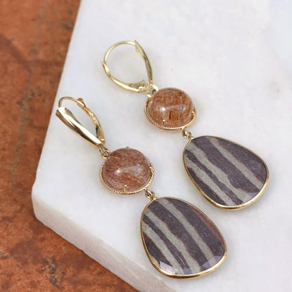 14KT Yellow Gold Cabochon Rutilated Quartz + Jasper Dangle Earrings