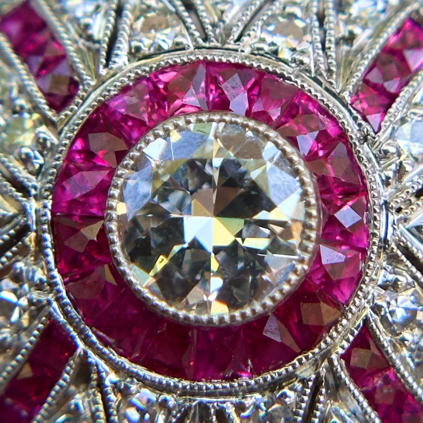 Platinum Art Deco Round Diamond + Square Ruby Ring