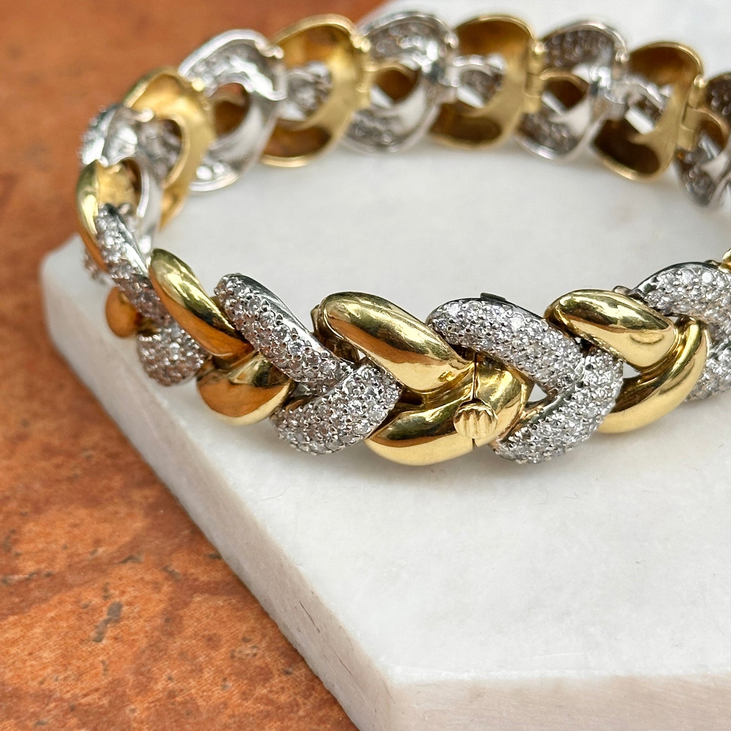 Estate 18KT Yellow + White Gold Round Diamond Large Link Tennis Bracelet