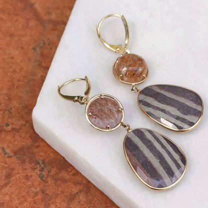 14KT Yellow Gold Cabochon Rutilated Quartz + Jasper Dangle Earrings
