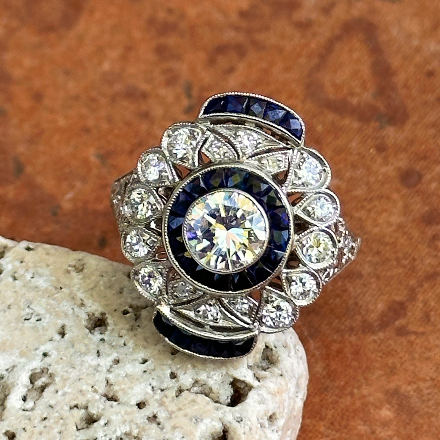 Platinum Art Deco Round Diamond + Blue Sapphire Ring