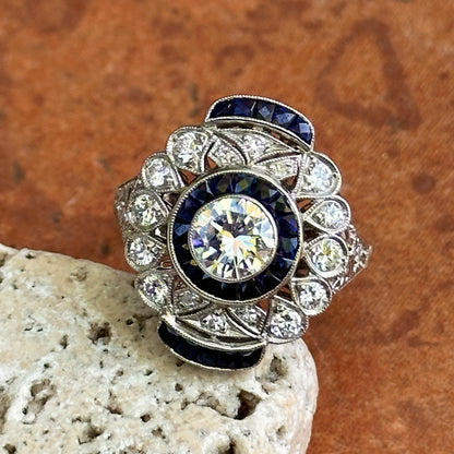 Platinum Art Deco Round Diamond + Blue Sapphire Ring