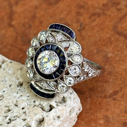 Platinum Art Deco Round Diamond + Blue Sapphire Ring