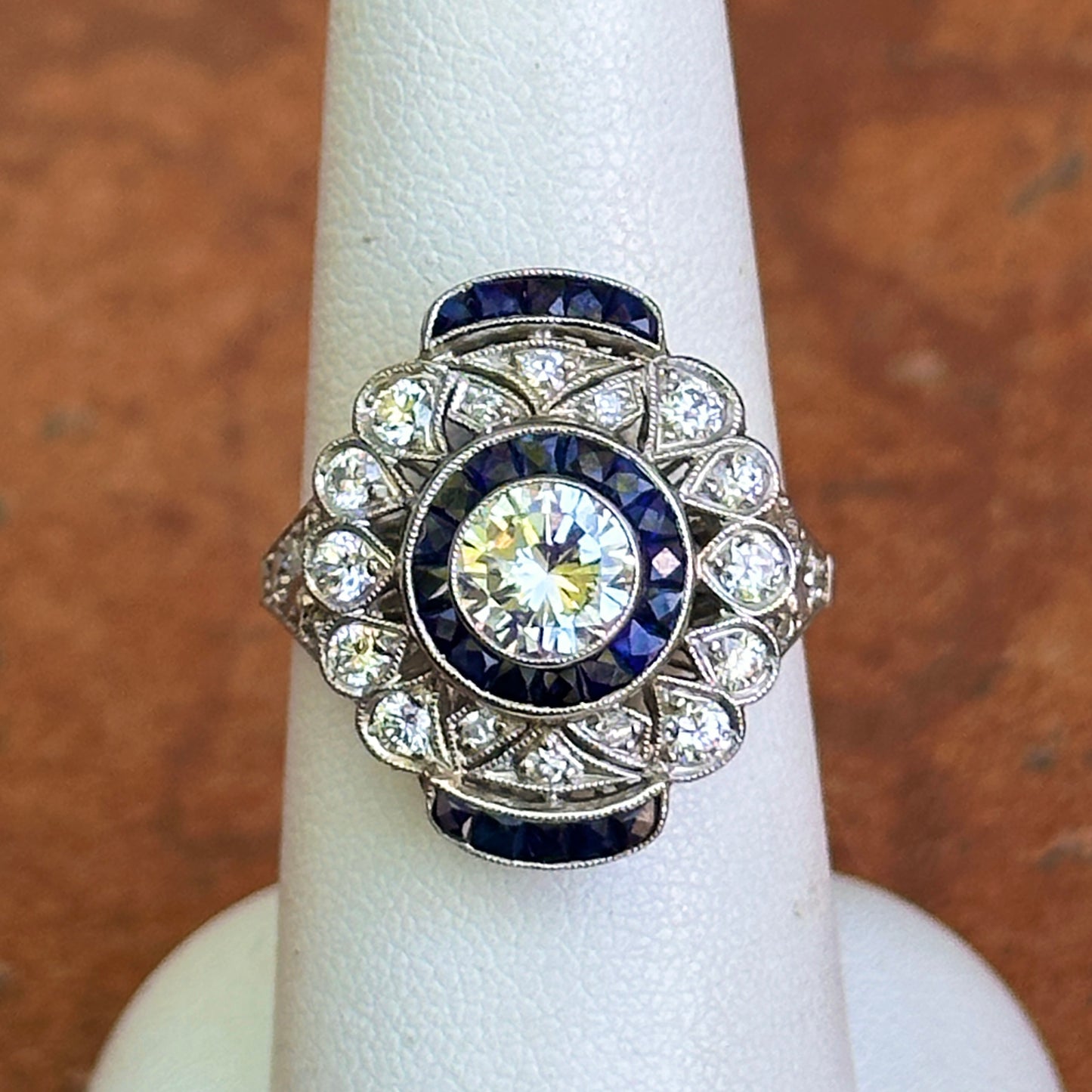 Platinum Art Deco Round Diamond + Blue Sapphire Ring