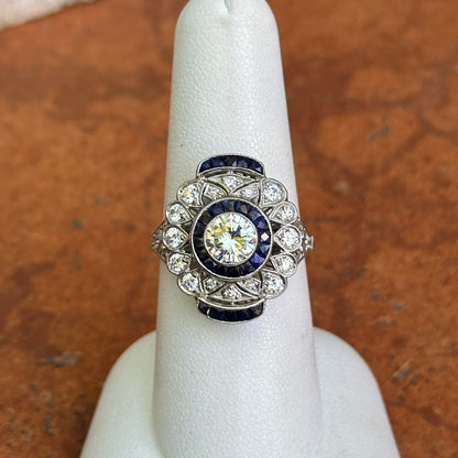 Platinum Art Deco Round Diamond + Blue Sapphire Ring