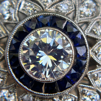 Platinum Art Deco Round Diamond + Blue Sapphire Ring