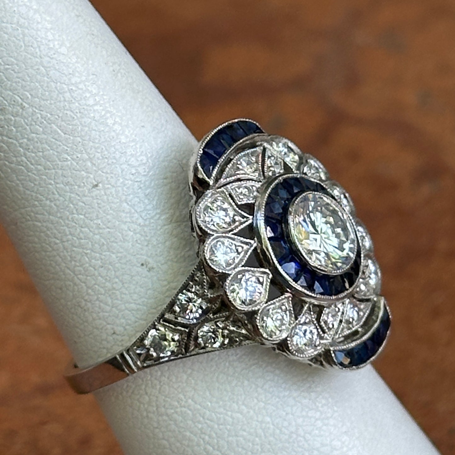 Platinum Art Deco Round Diamond + Blue Sapphire Ring
