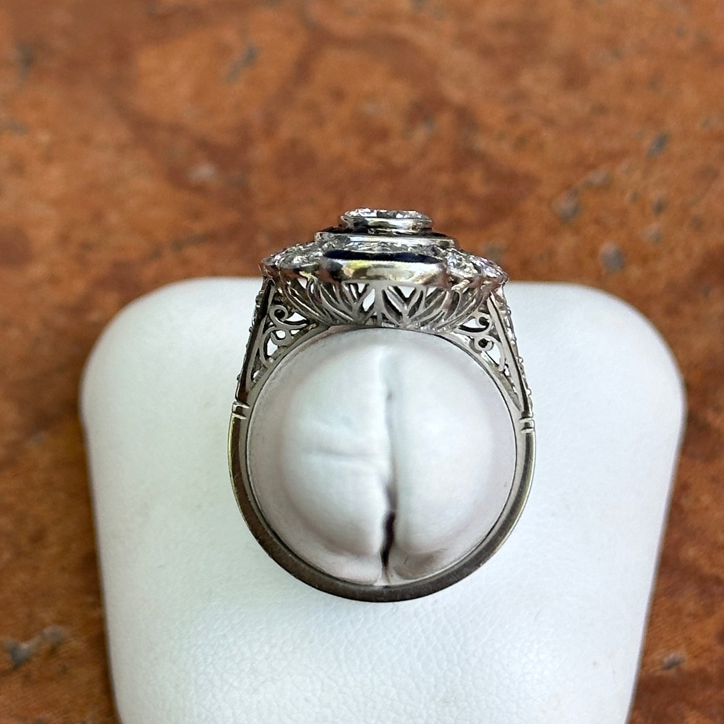 Platinum Art Deco Round Diamond + Blue Sapphire Ring