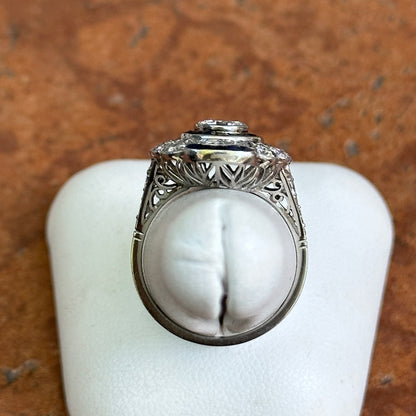 Platinum Art Deco Round Diamond + Blue Sapphire Ring