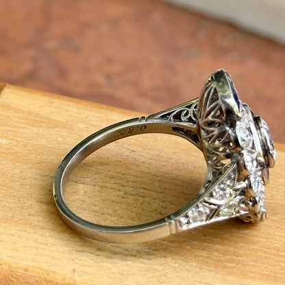 Platinum Art Deco Round Diamond + Blue Sapphire Ring