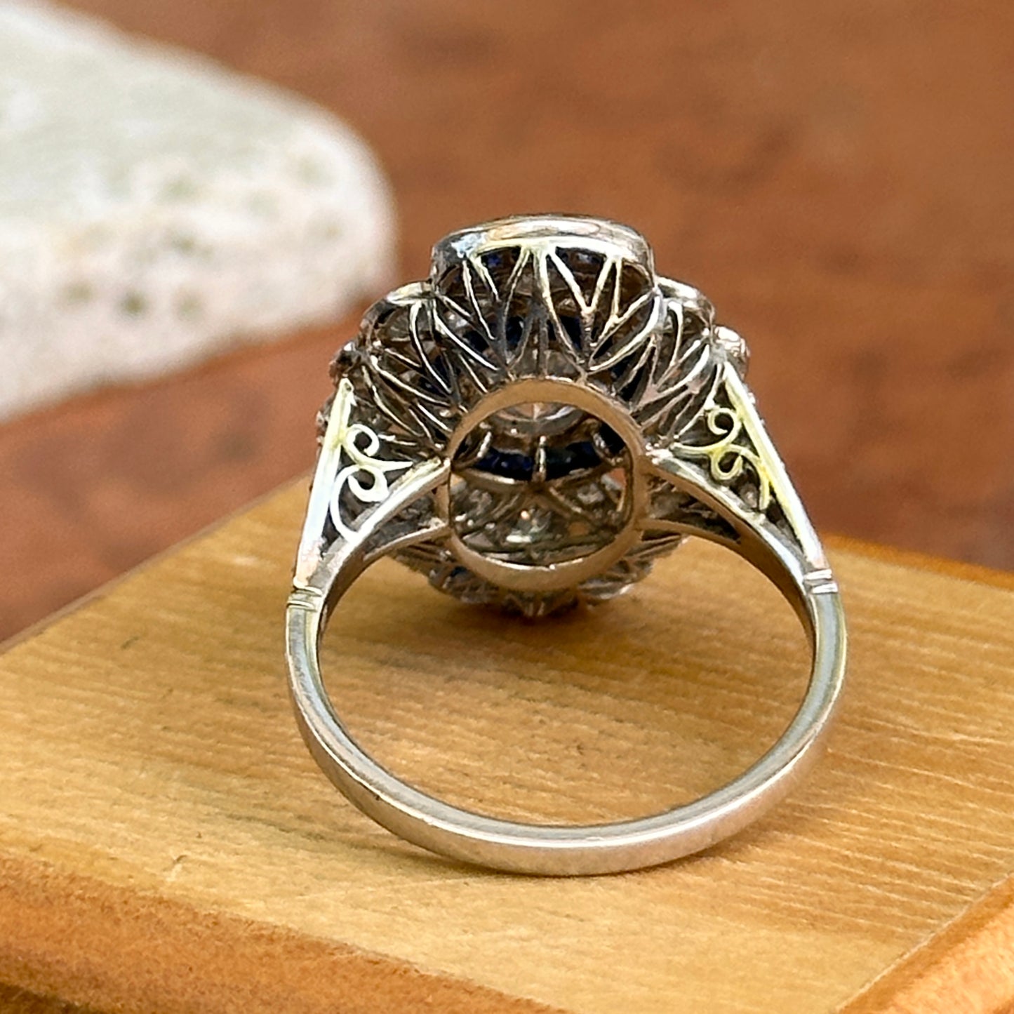 Platinum Art Deco Round Diamond + Blue Sapphire Ring