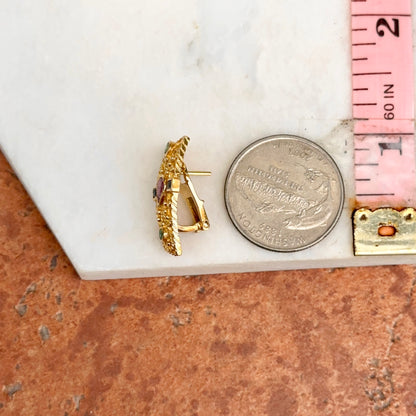 Estate 18KT Yellow Gold Byzantine Bezel Blue Sapphire Ruby Emerald Earrings