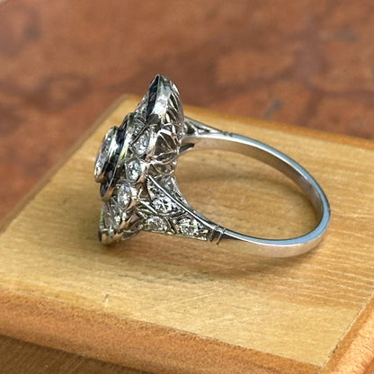 Platinum Art Deco Round Diamond + Blue Sapphire Ring