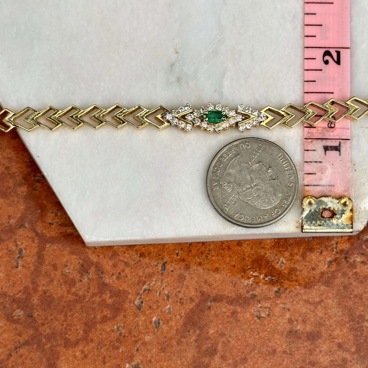 Estate 18KT Yellow Gold Marquise Emerald + Round Diamond Open Chevron Link Bracelet