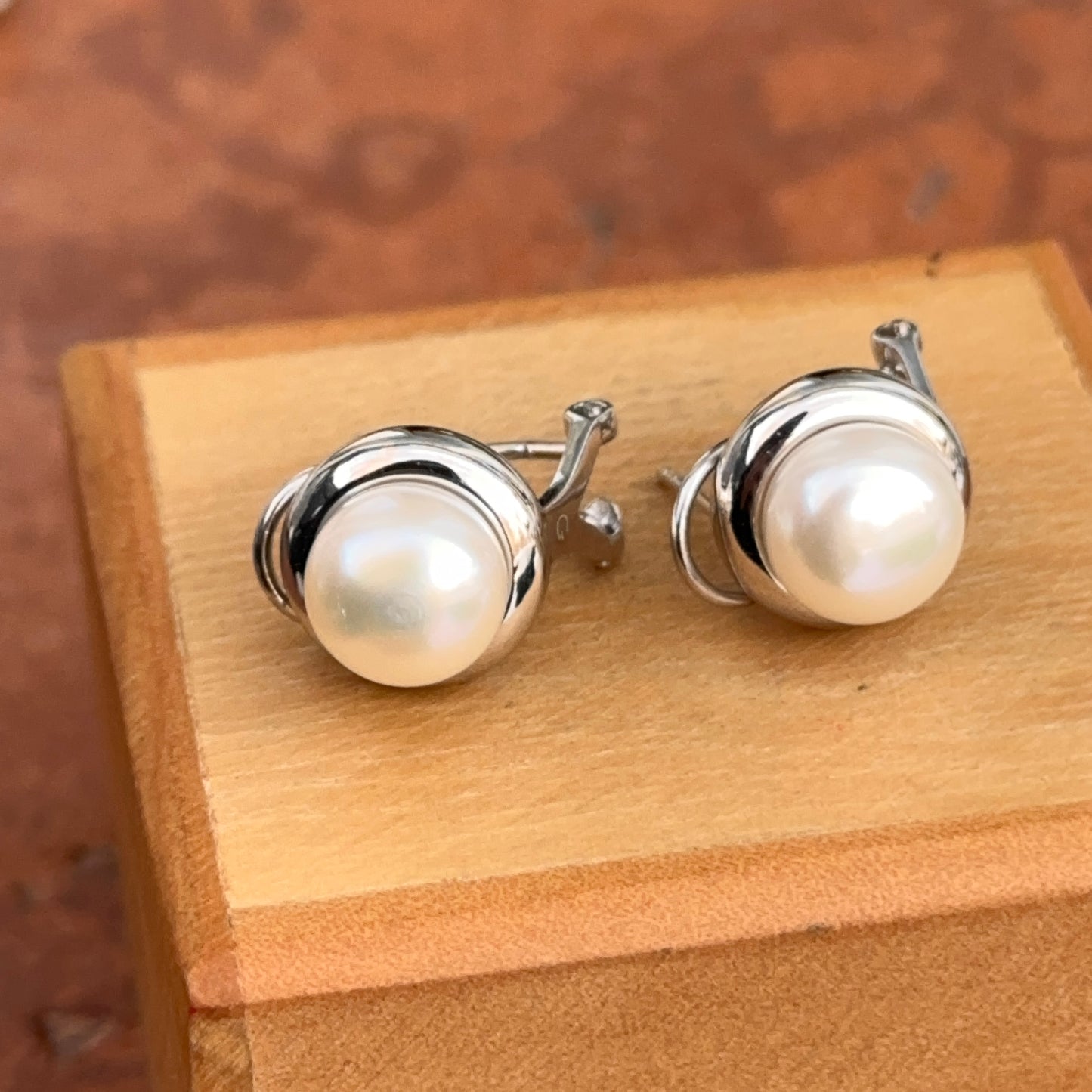Sterling Silver Round White Freshwater Pearl Button Omega Earrings
