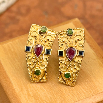 Estate 18KT Yellow Gold Byzantine Bezel Blue Sapphire Ruby Emerald Earrings