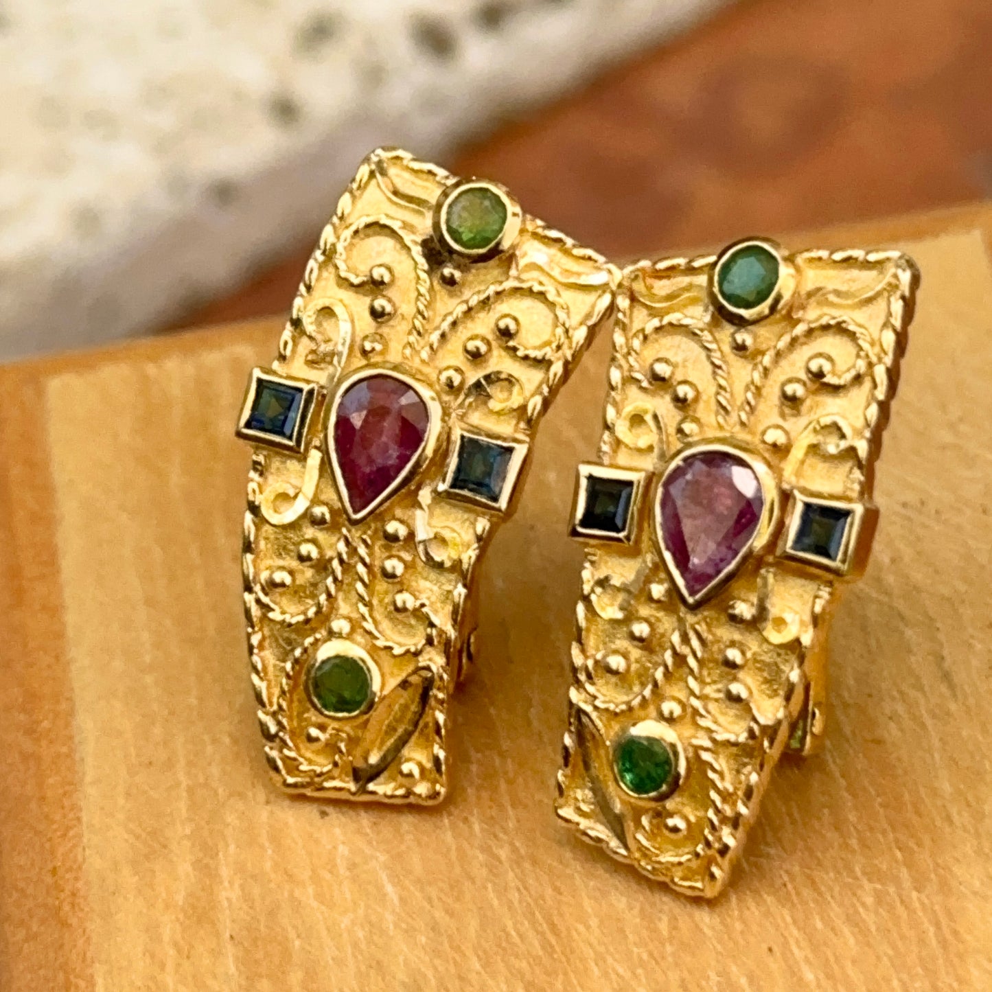 Estate 18KT Yellow Gold Byzantine Bezel Blue Sapphire Ruby Emerald Earrings