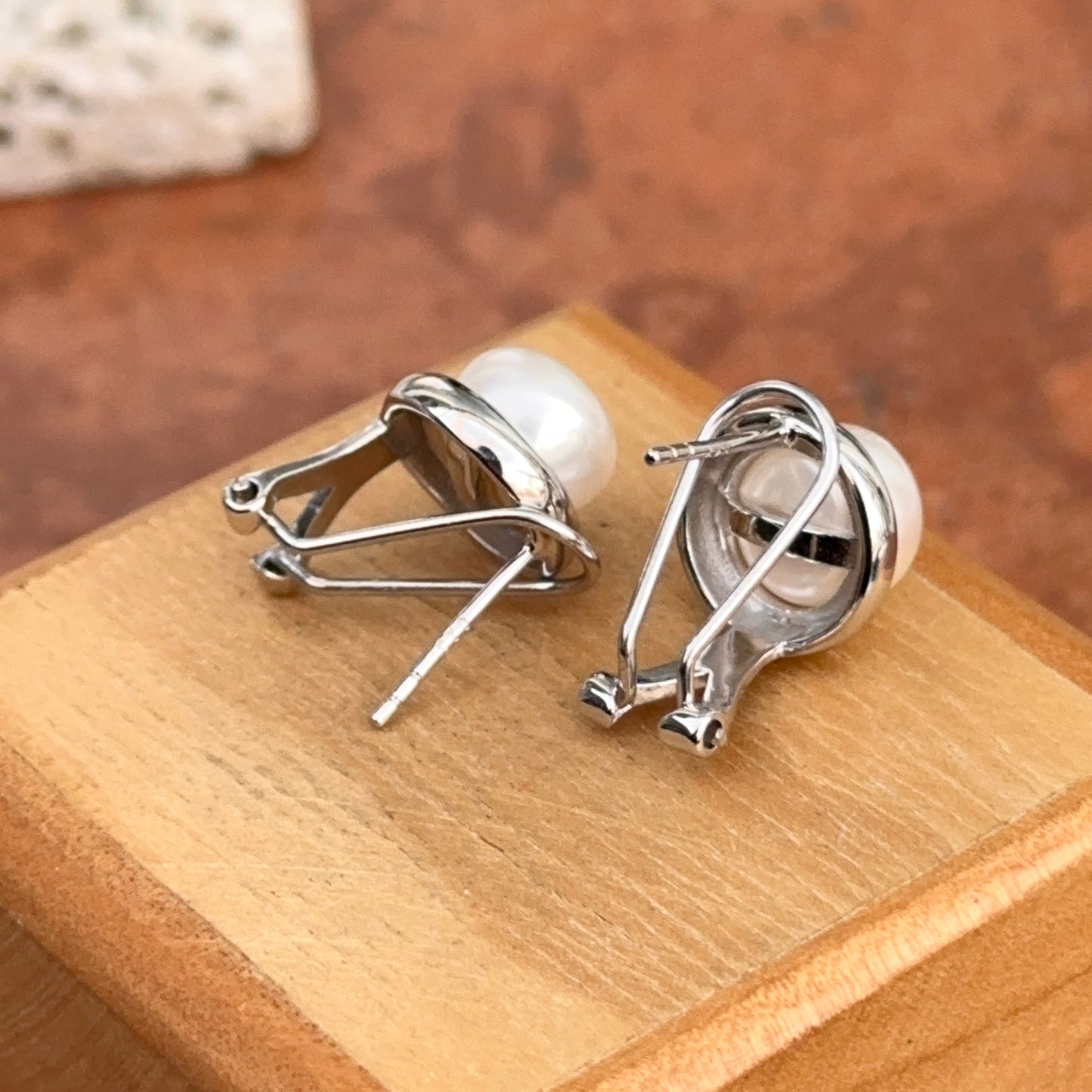 Sterling Silver Round White Freshwater Pearl Button Omega Earrings