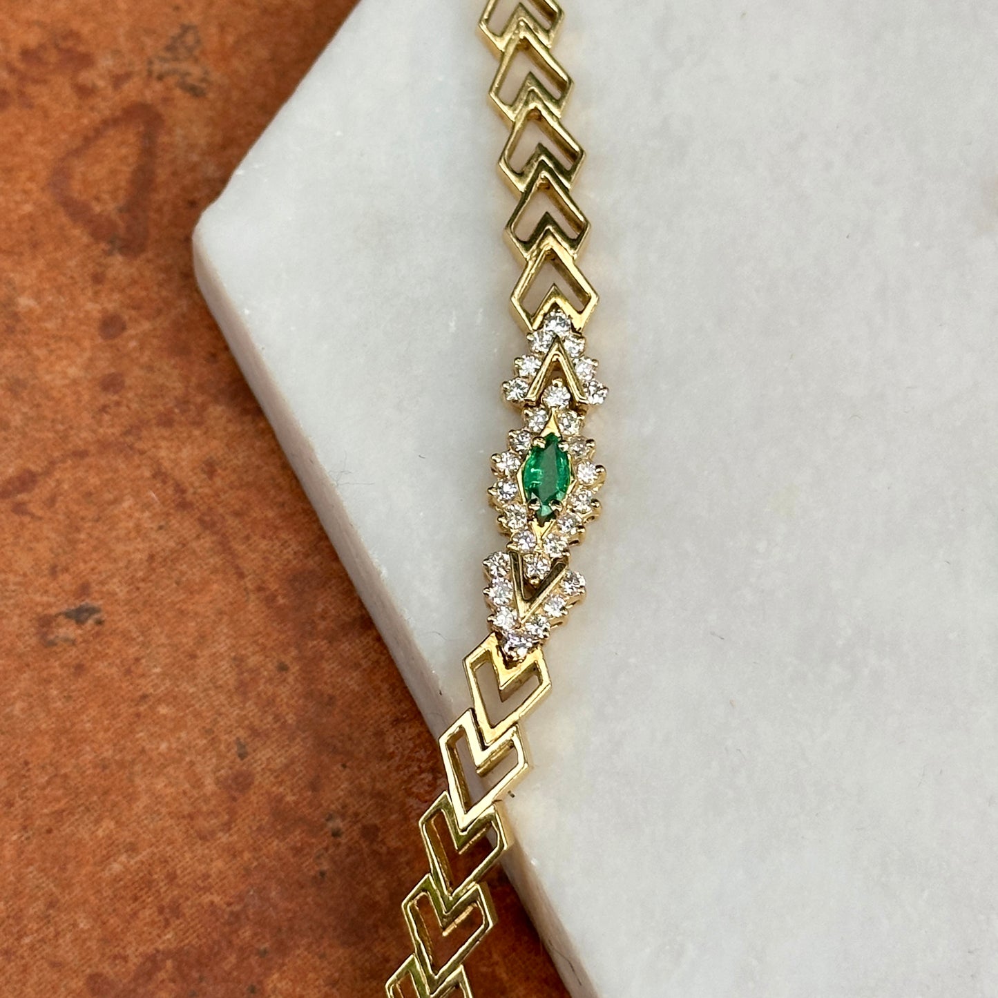 Estate 18KT Yellow Gold Marquise Emerald + Round Diamond Open Chevron Link Bracelet