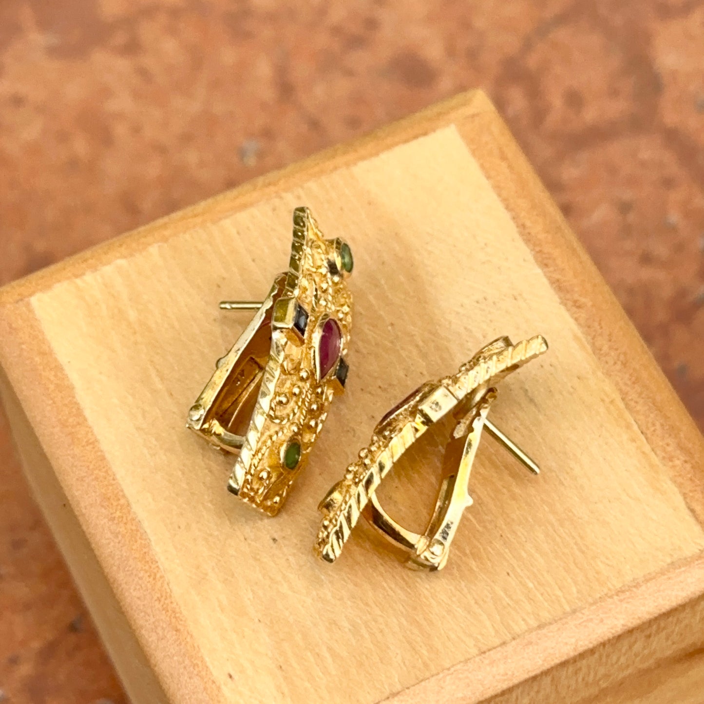 Estate 18KT Yellow Gold Byzantine Bezel Blue Sapphire Ruby Emerald Earrings