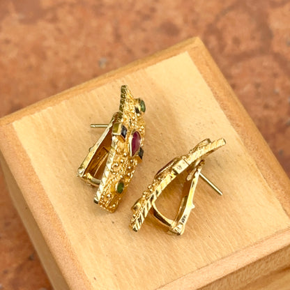 Estate 18KT Yellow Gold Byzantine Bezel Blue Sapphire Ruby Emerald Earrings