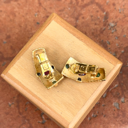 Estate 18KT Yellow Gold Byzantine Bezel Blue Sapphire Ruby Emerald Earrings