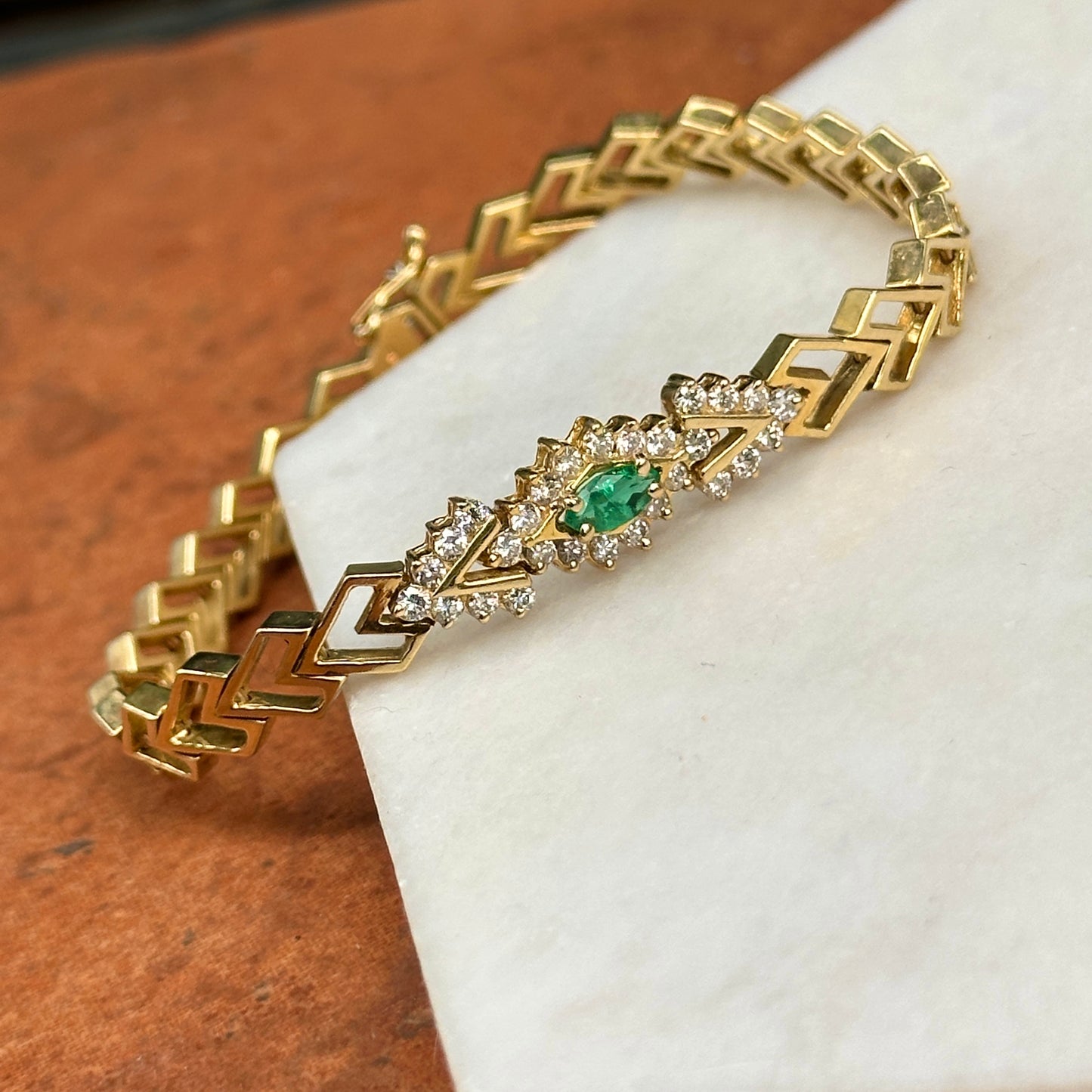 Estate 18KT Yellow Gold Marquise Emerald + Round Diamond Open Chevron Link Bracelet
