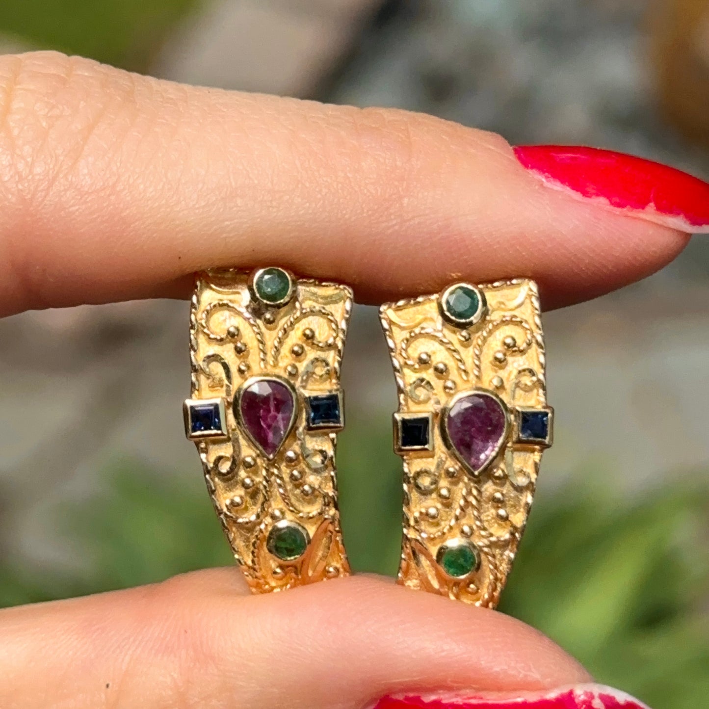 Estate 18KT Yellow Gold Byzantine Bezel Blue Sapphire Ruby Emerald Earrings