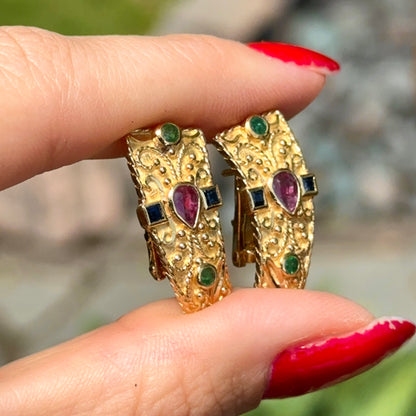 Estate 18KT Yellow Gold Byzantine Bezel Blue Sapphire Ruby Emerald Earrings