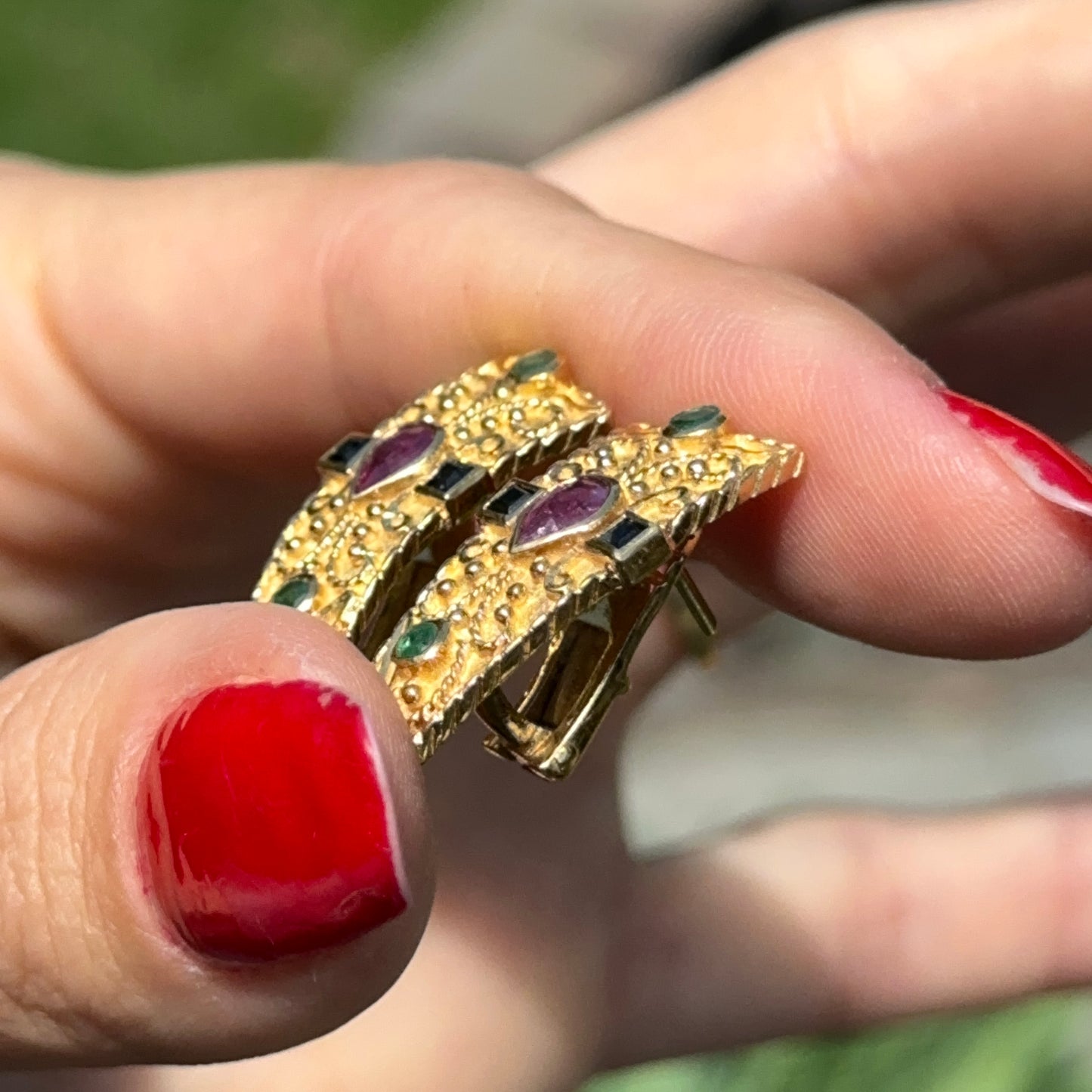 Estate 18KT Yellow Gold Byzantine Bezel Blue Sapphire Ruby Emerald Earrings