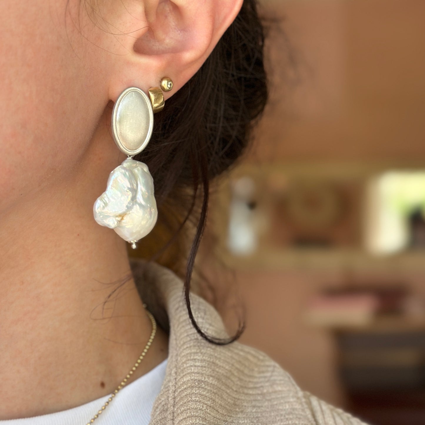Estate Silver Tone Drop Baroque Pearl Dangle Earrings