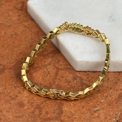 Estate 18KT Yellow Gold Marquise Emerald + Round Diamond Open Chevron Link Bracelet