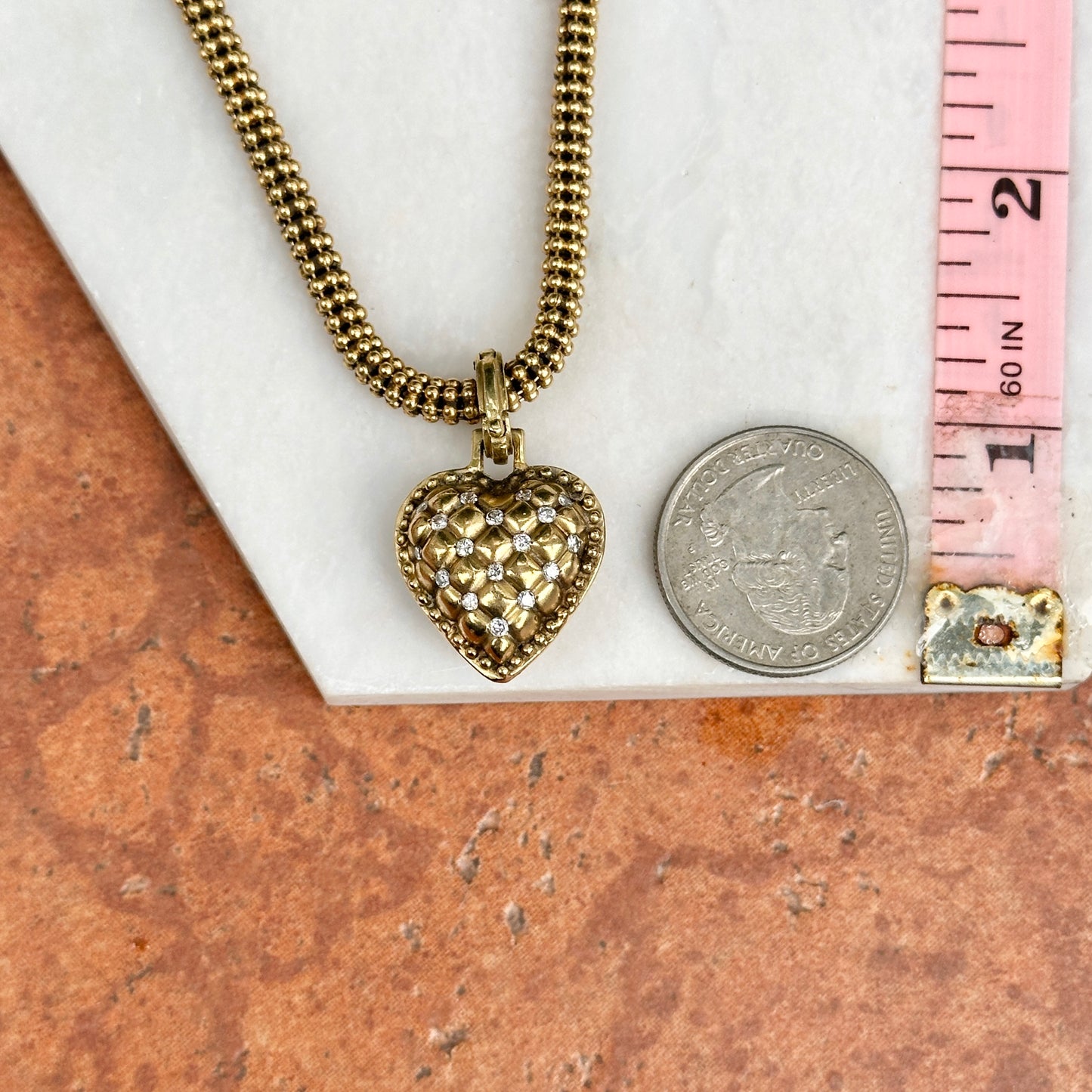 18KT Yellow Gold Puffed Heart Diamond Pendant Enhancer Necklace