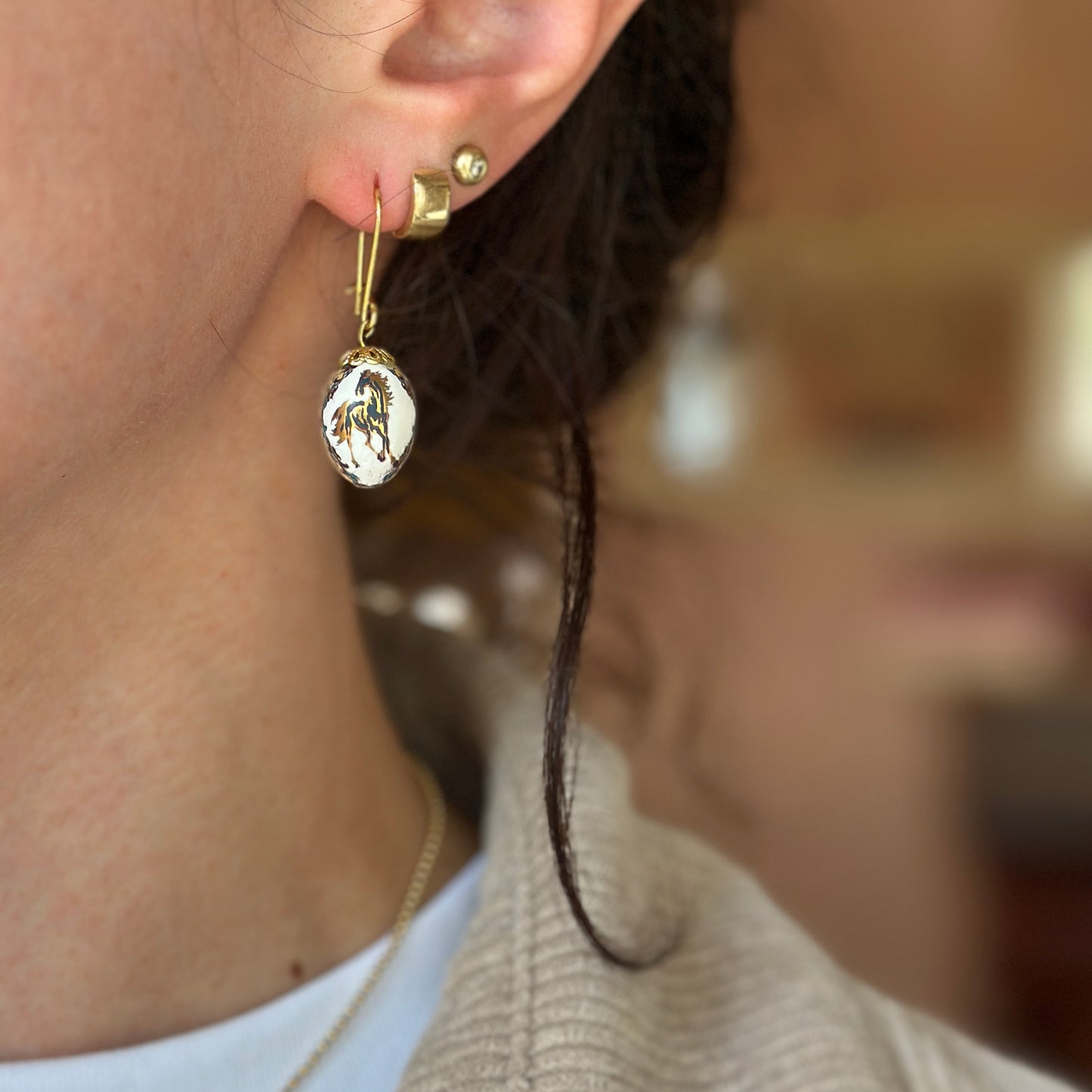 Estate Gold-Tone White Egg Shape Cloisonne Horse Drop Dangle Wire Earrings
