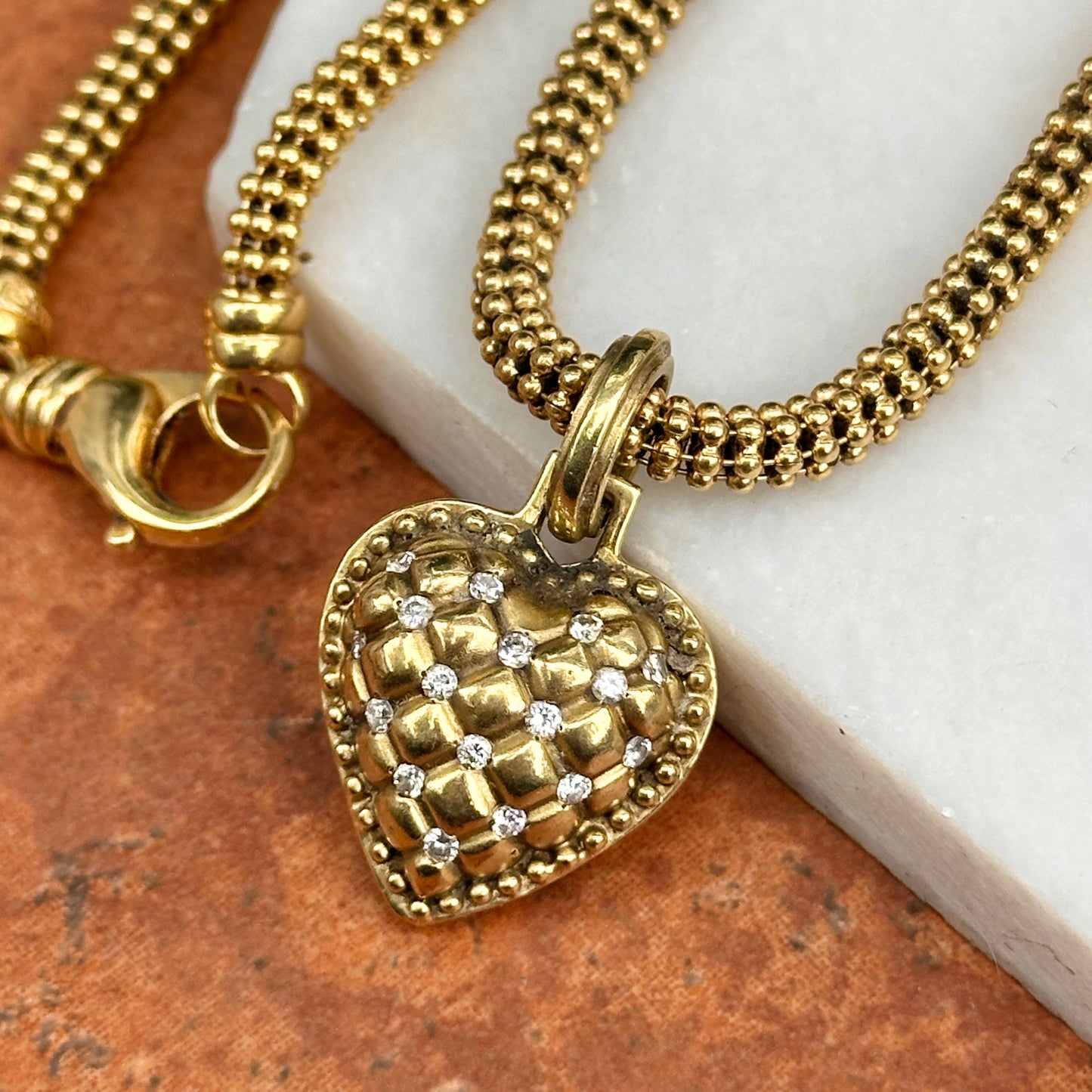 18KT Yellow Gold Puffed Heart Diamond Pendant Enhancer Necklace