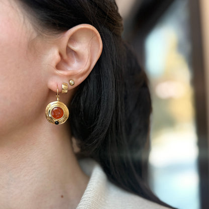 Estate Replica Gold-Tone Roman Carnelian + Onyx Coin Lever Back Earrings