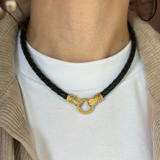 Estate 14KT Yellow Gold Black Braided Leather Byzantine Ring Clasp Necklace