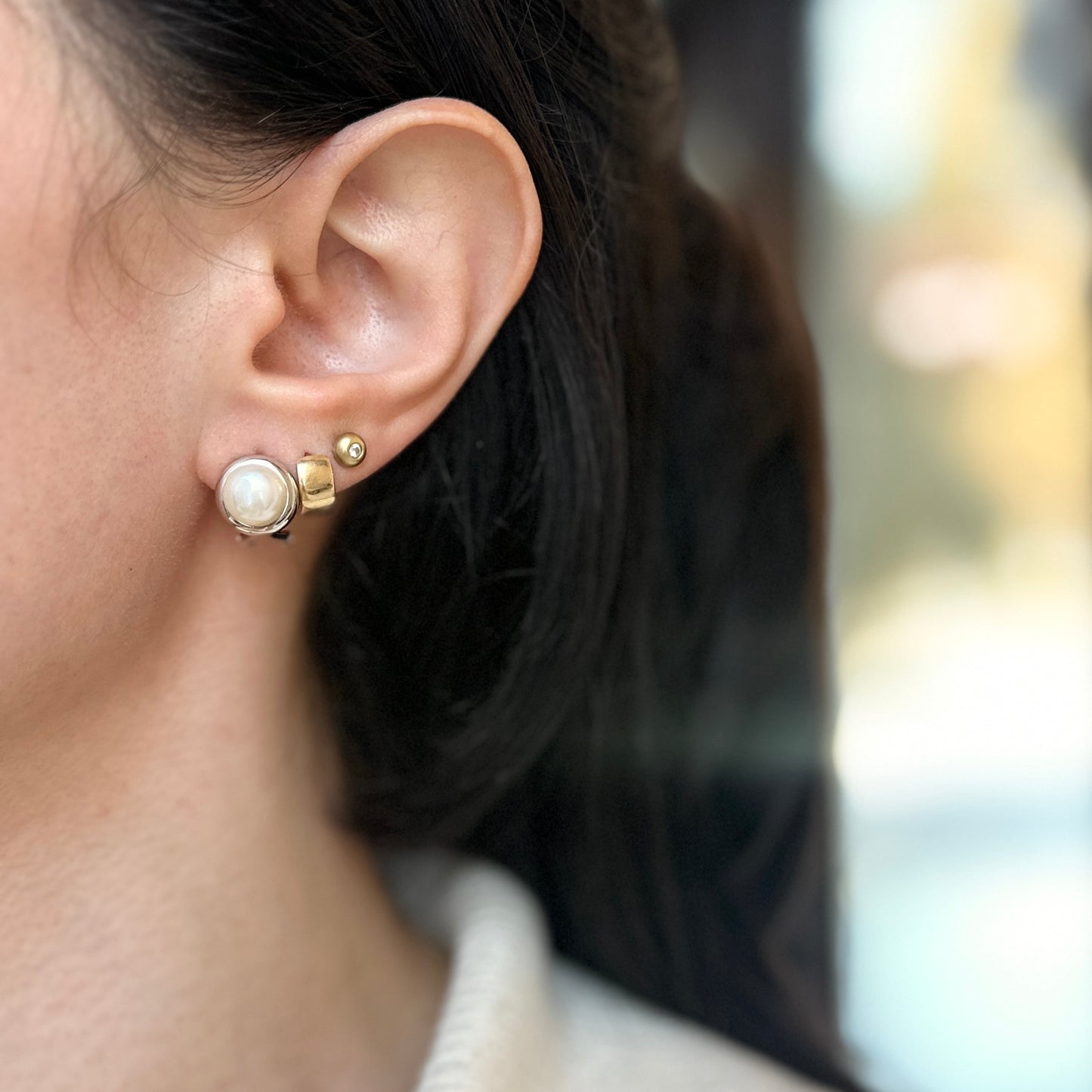 Sterling Silver Round White Freshwater Pearl Button Omega Earrings