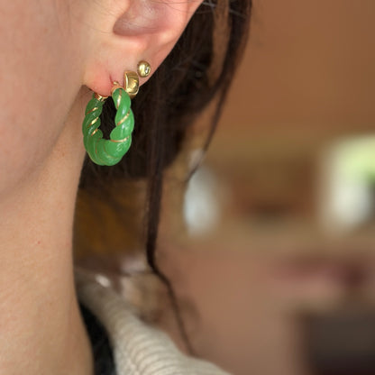 Estate 14KT Yellow Gold Ribbed Green Jade Hoop Earrings 25mm