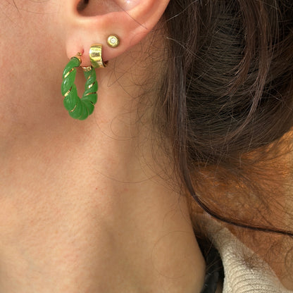 Estate 14KT Yellow Gold Ribbed Green Jade Hoop Earrings 25mm