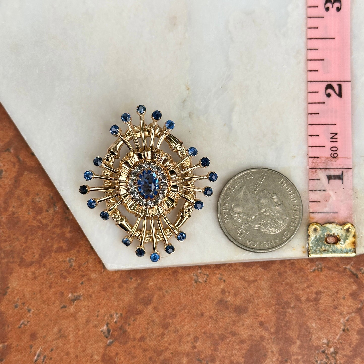 Estate 10KT Yellow Gold Oval and Round Blue Stone Pin + Swivel Bail for Pendant