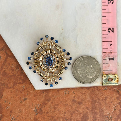 Estate 10KT Yellow Gold Oval and Round Blue Stone Pin + Swivel Bail for Pendant