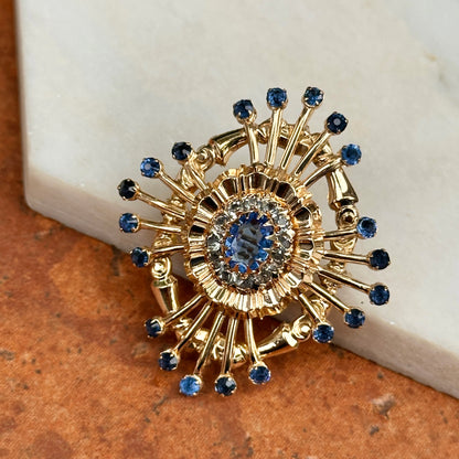 Estate 10KT Yellow Gold Oval and Round Blue Stone Pin + Swivel Bail for Pendant