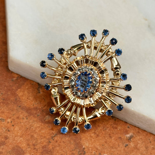 Estate 10KT Yellow Gold Oval and Round Blue Stone Pin + Swivel Bail for Pendant