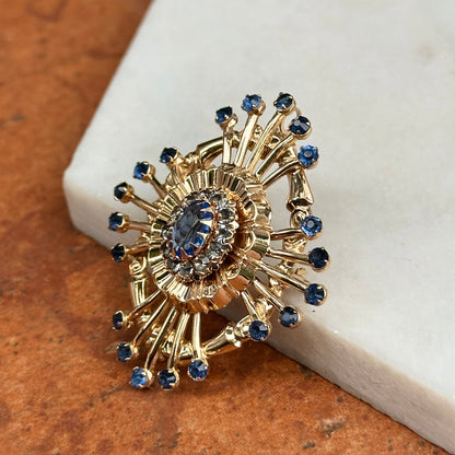 Estate 10KT Yellow Gold Oval and Round Blue Stone Pin + Swivel Bail for Pendant