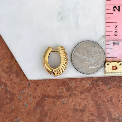 Estate 14KT Yellow Gold Mid Century Bark Matte & Diamond Oval Hoop Earrings