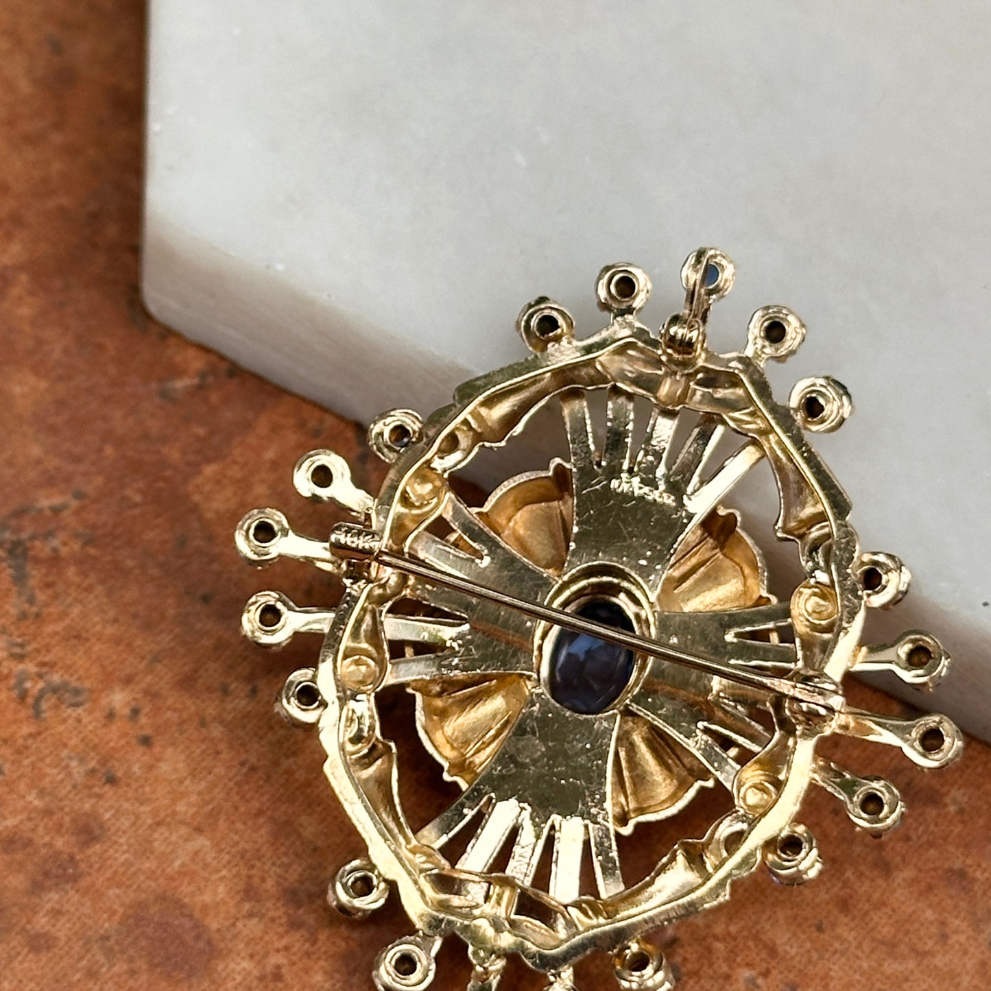 Estate 10KT Yellow Gold Oval and Round Blue Stone Pin + Swivel Bail for Pendant